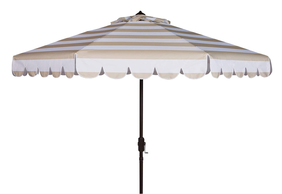 SAFAVIEH Vienna 9ft umbrella with beige white canopy provides stylish shade for patios.