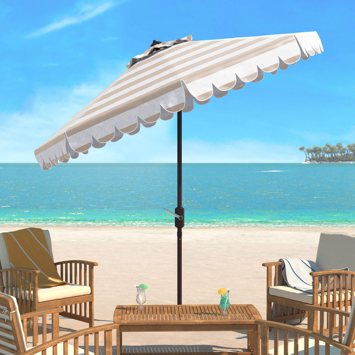 SAFAVIEH Vienna 9ft shade solution ideal for patios decks and poolside spaces.