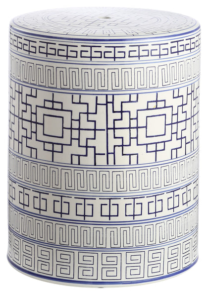 SAFAVIEH Parri blue and white ceramic garden stool as outdoor side table.