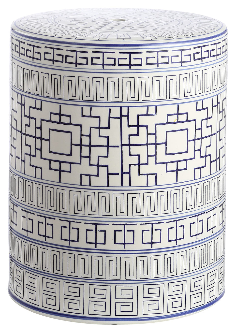 SAFAVIEH Parri blue and white ceramic garden stool as outdoor side table.