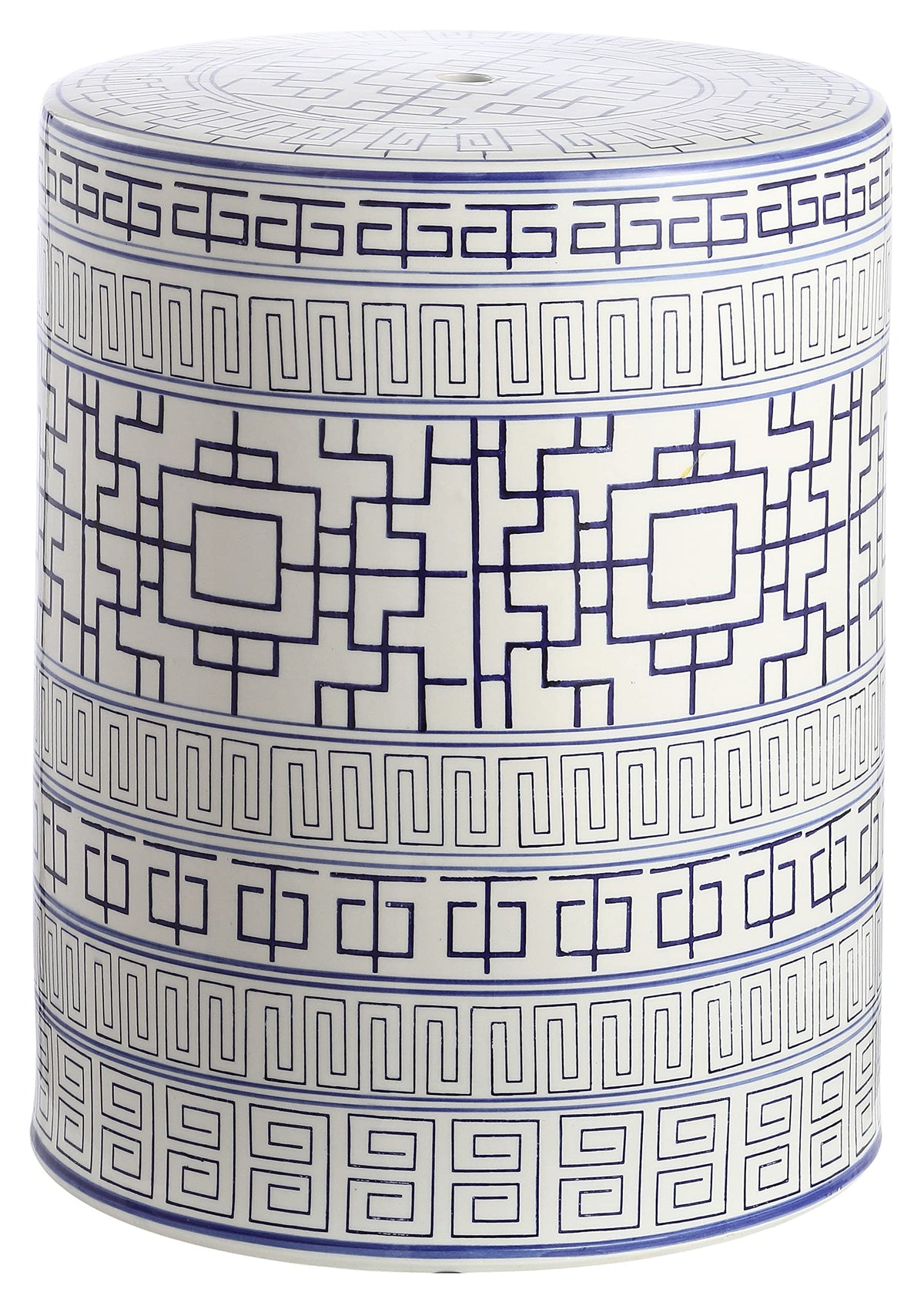 SAFAVIEH Parri blue-white pattern stool is a versatile indoor/outdoor accent.
