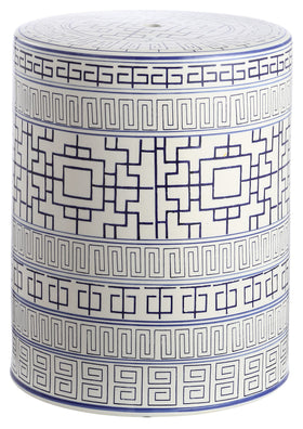 SAFAVIEH Parri blue-white pattern stool is a versatile indoor/outdoor accent.