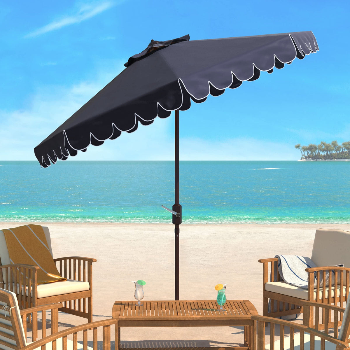 Safavieh Venice umbrella with brown aluminum pole for durable patio use.