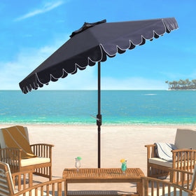 Safavieh Venice umbrella with brown aluminum pole for durable patio use.