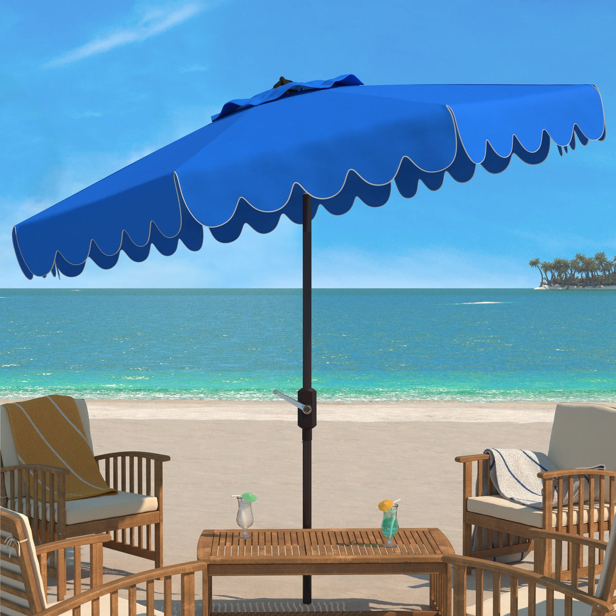Safavieh Venice umbrella at dusk creates inviting shade for gatherings.