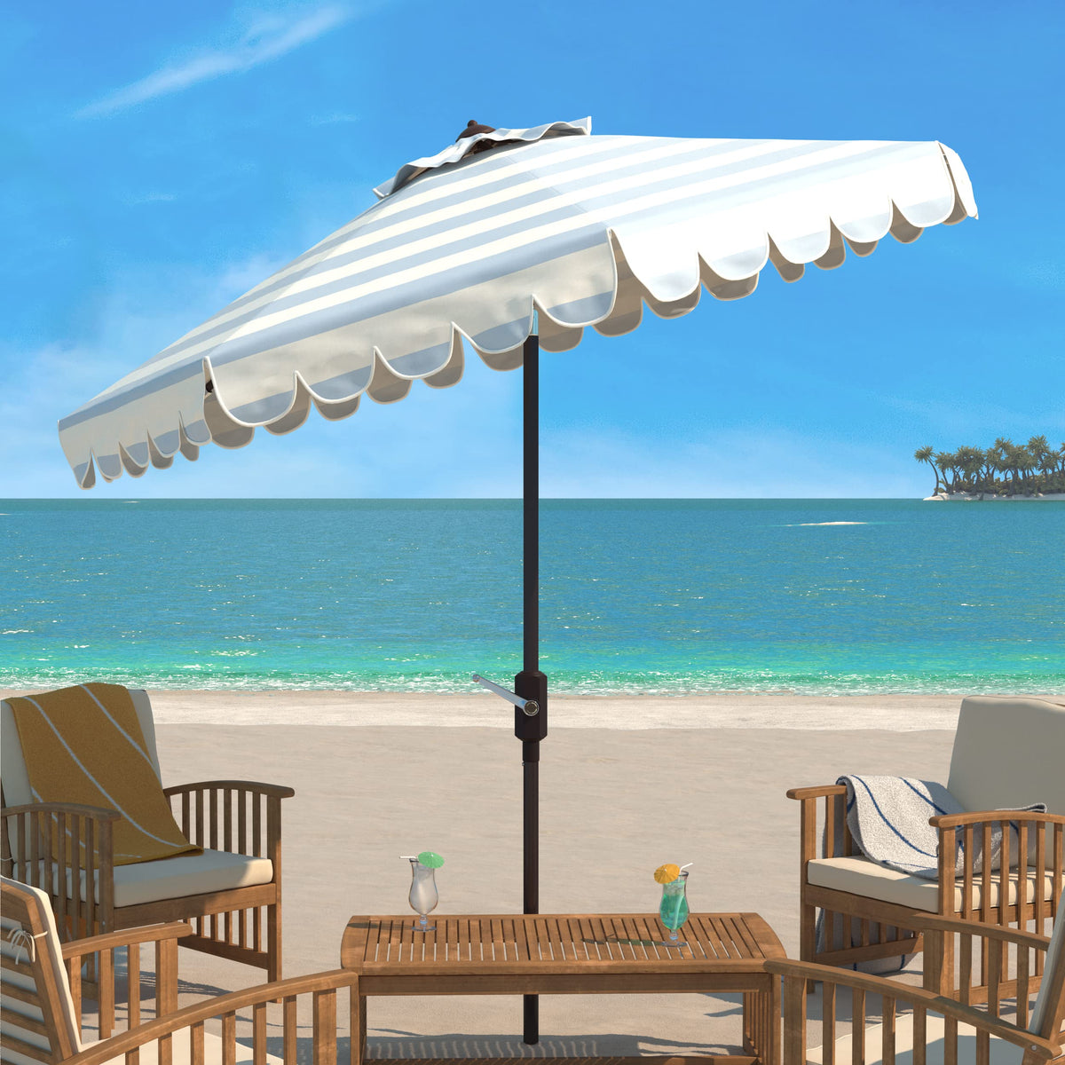 SAFAVIEH Vienna 9ft crank umbrella with baby blue canopy for outdoor shade