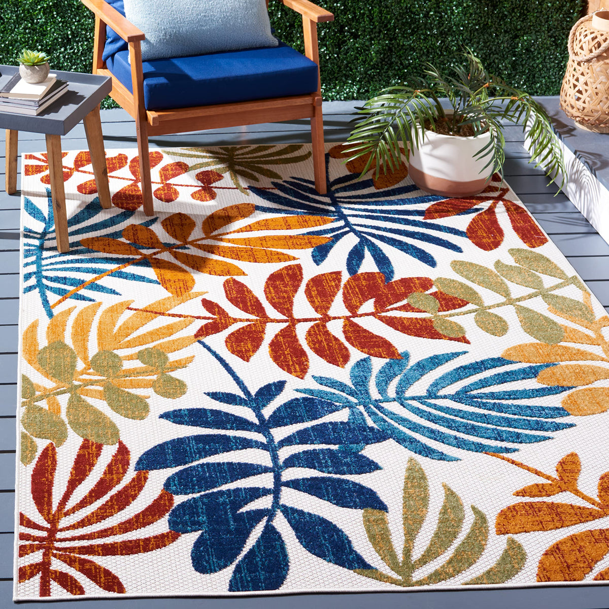 Safavieh washable outdoor Cabana rug in cream and red floral pattern for patios.