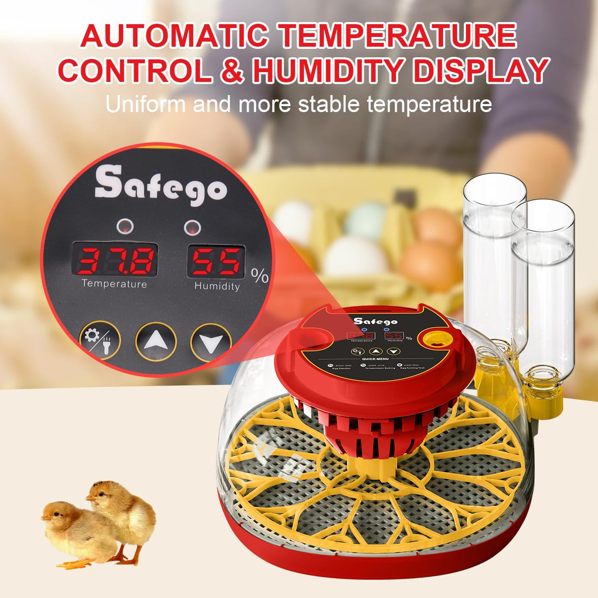 Safego incubator humidity display helps track moisture during incubation