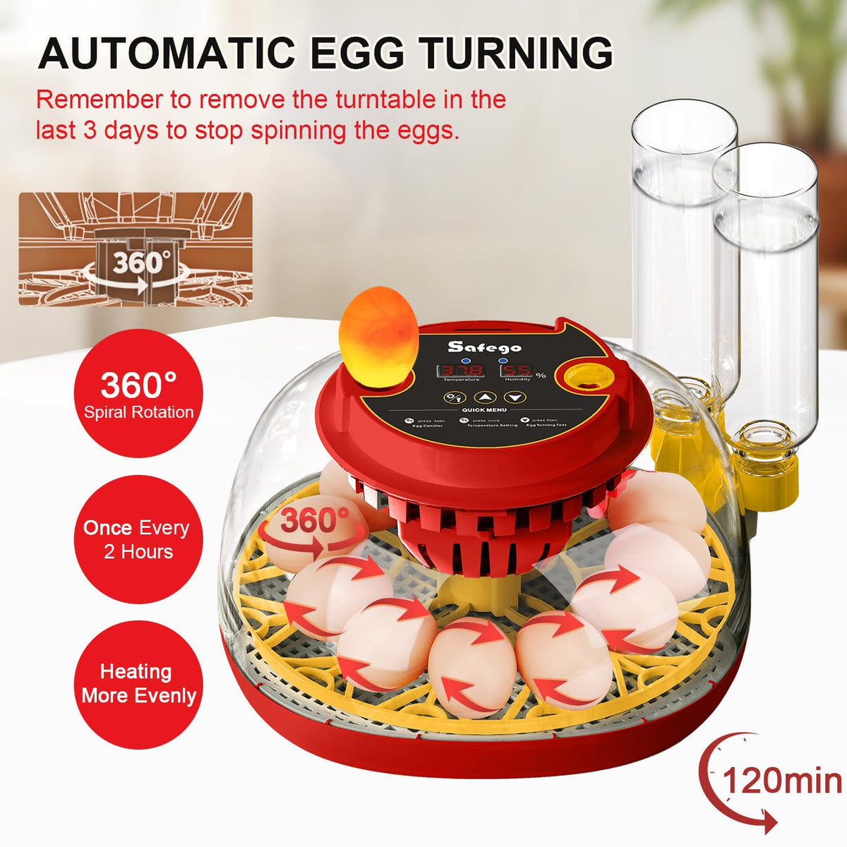 Safego incubator turbo fan delivers uniform airflow for consistent incubation