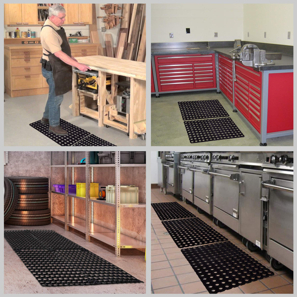 SafetyCare drain-hole rubber floor mat shown for kitchen and workspace use.