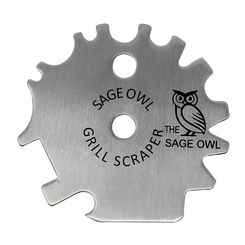 Sage Owl bristle-free stainless grill scraper for safe cleanup after grilling.