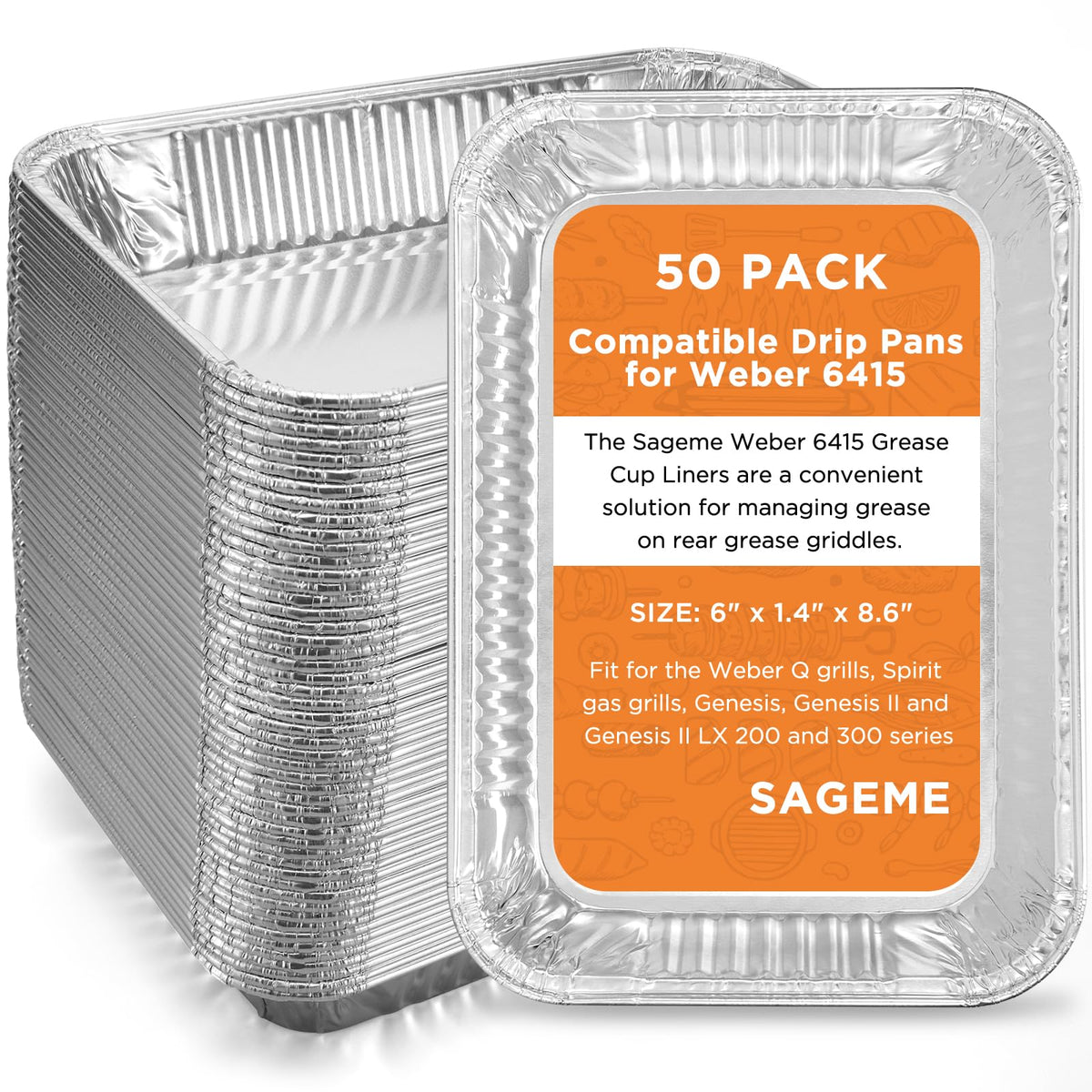 Sageme 50-pack Weber drip pans shown for quick replacement and mess-free grilling.