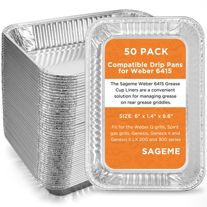 Sageme 50-pack Weber drip pans shown for quick replacement and mess-free grilling.