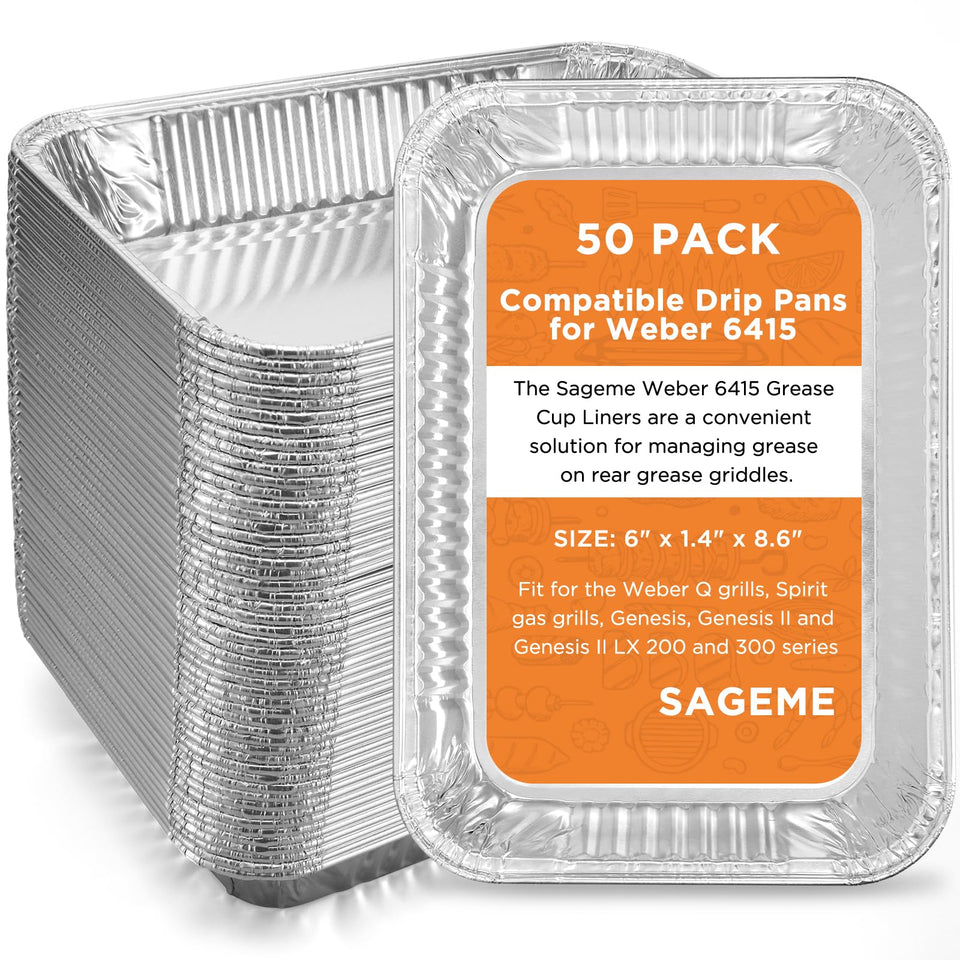 Sageme 50-pack Weber drip pans shown for quick replacement and mess-free grilling.