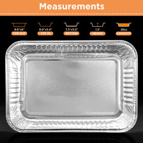 Sageme disposable foil pans with 7.5x5 base and 8.6x6 top.