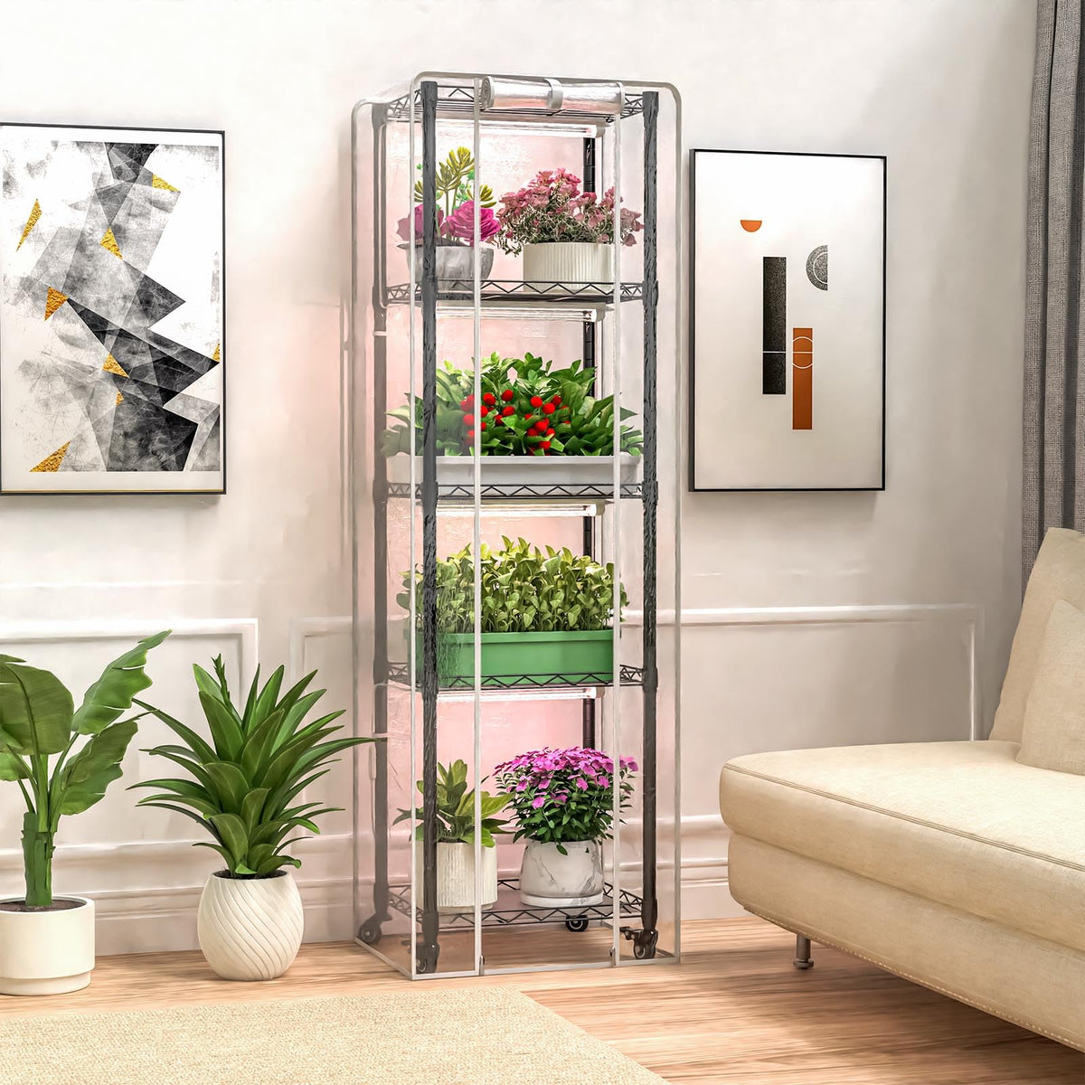 Sagrynfp indoor greenhouse side view showing grow lights and shelving