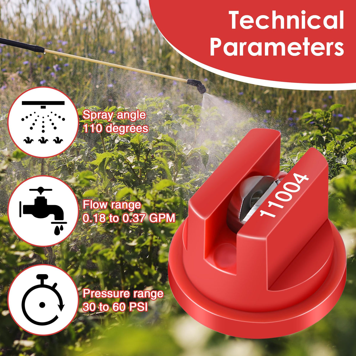 Saillong 110-degree flat fan nozzle delivering wide-area spraying efficiency.