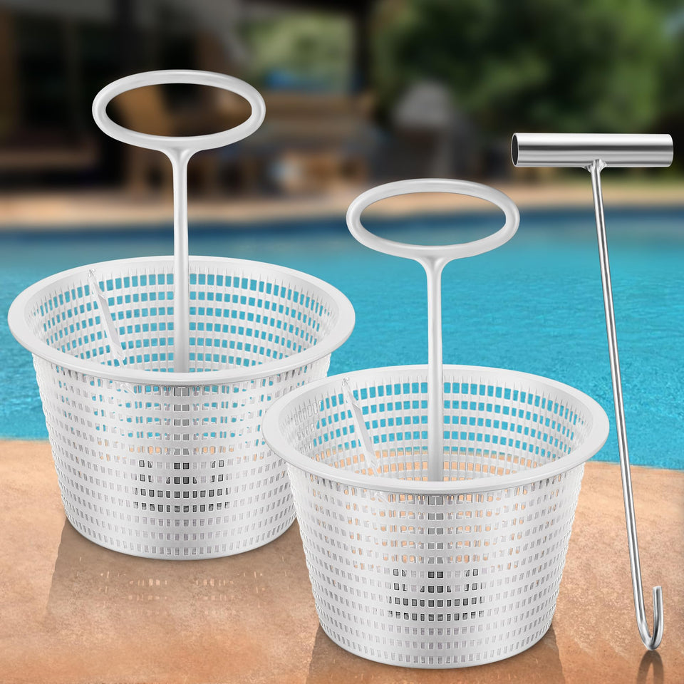 Saillong 8-inch pool skimmer basket for inground pools captures leaves effectively.