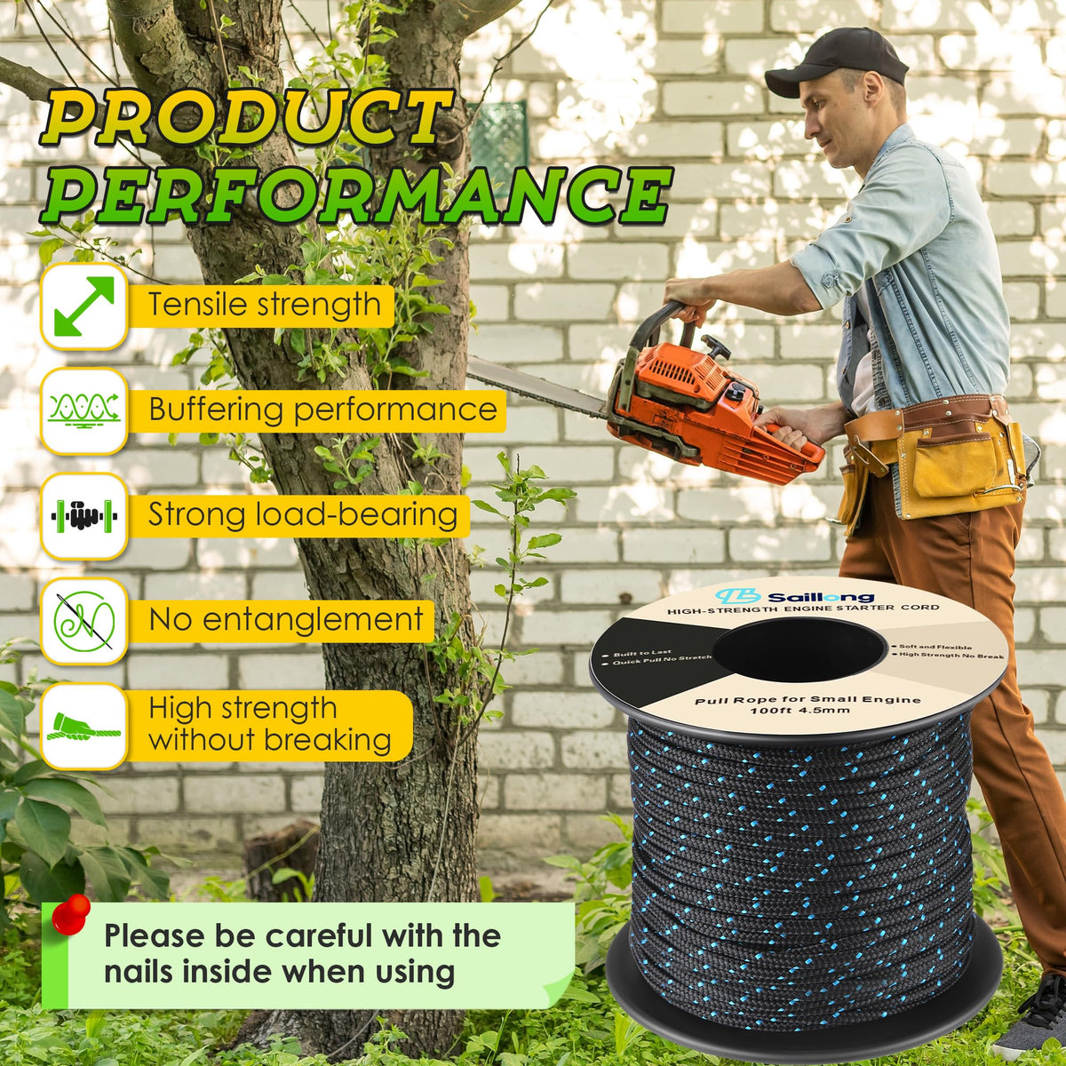 Saillong starter rope compatible with chainsaws and trimmers.