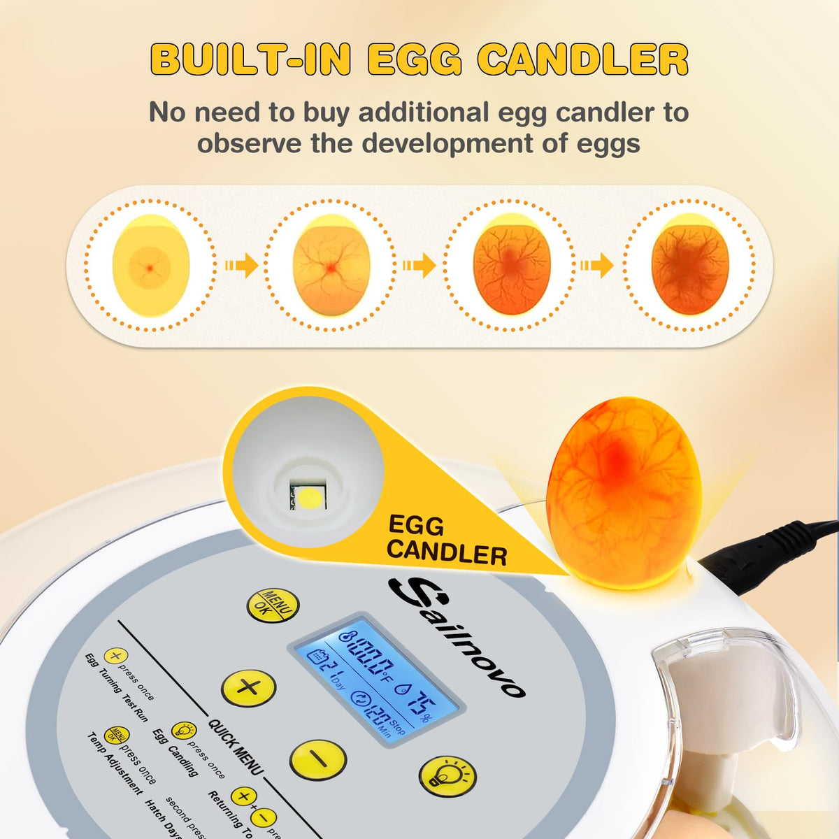 Sailnovo 18-egg incubator humidity display helps maintain stable moisture