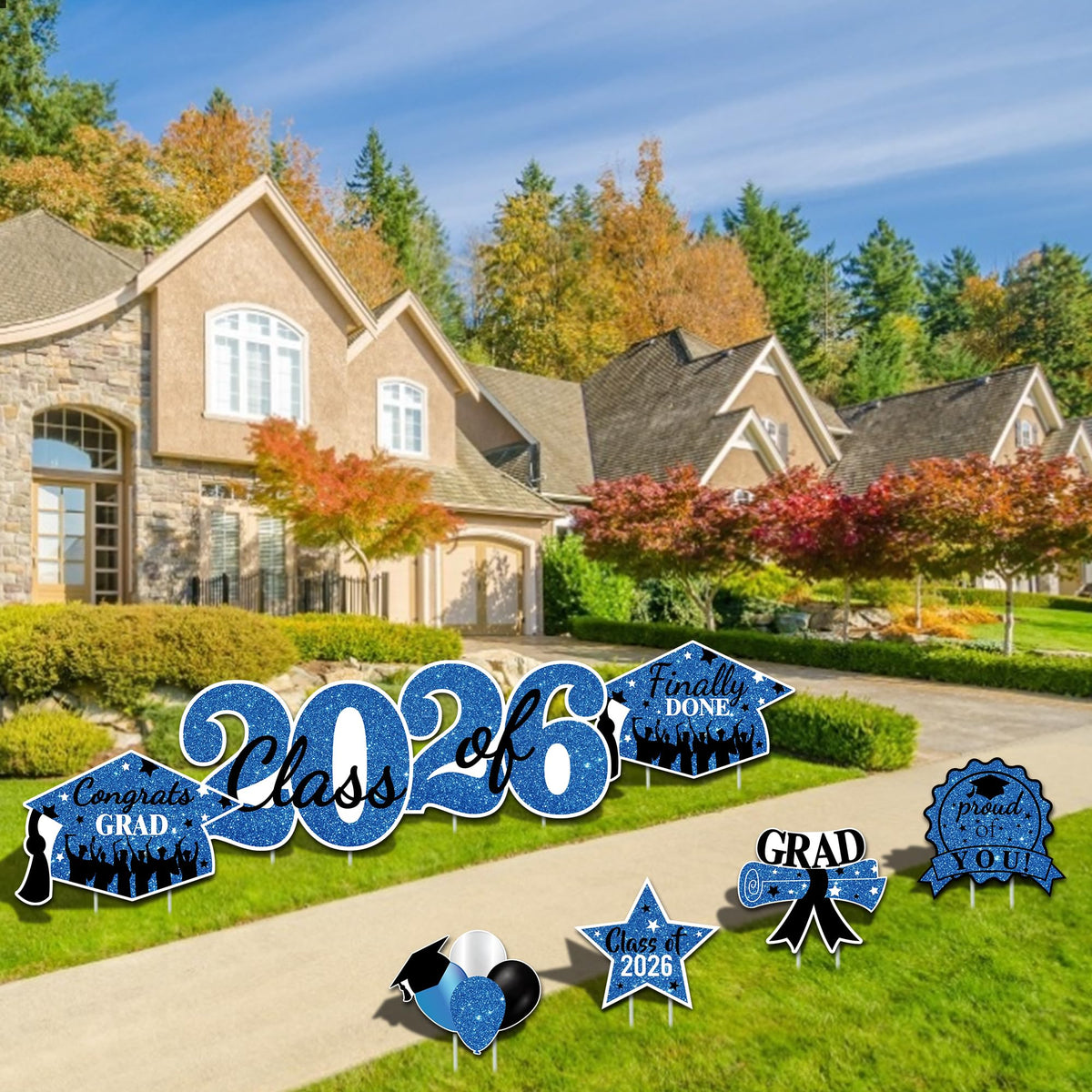 Sakayo grad hat decorations add festive yard display for graduation parties.
