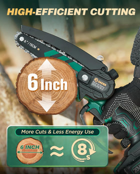 Saker cordless mini chainsaw with rechargeable battery for portable use.