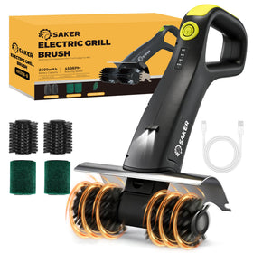 Saker electric grill brush with 450 RPM and LED light for thorough, visible cleaning.