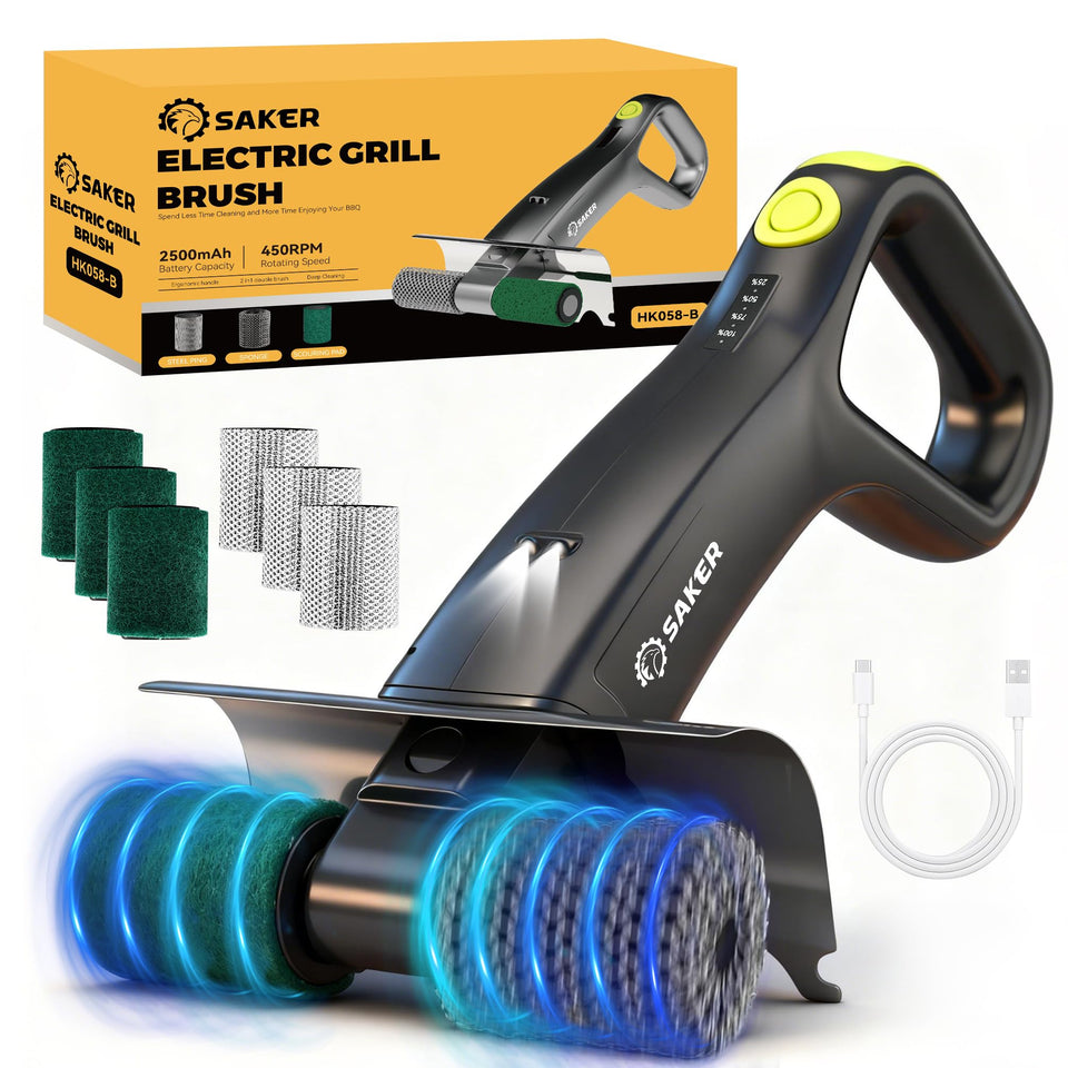 Saker electric grill brush with 450 RPM motor for quick, thorough cleaning