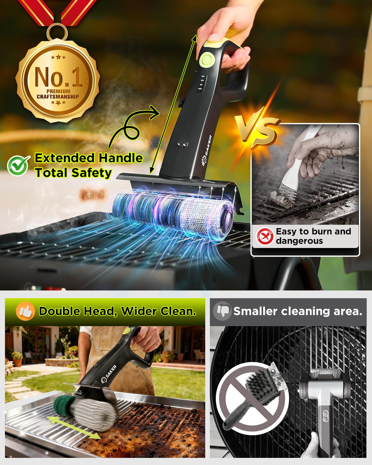 Saker grill brush with LED light illuminates the grate for night cleaning