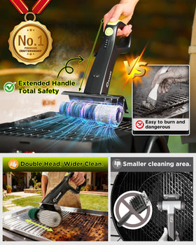 Saker grill brush with LED light illuminates the grate for night cleaning