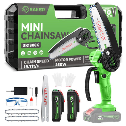 Saker Mini Chainsaw 6-inch cutting action on wood for quick pruning.