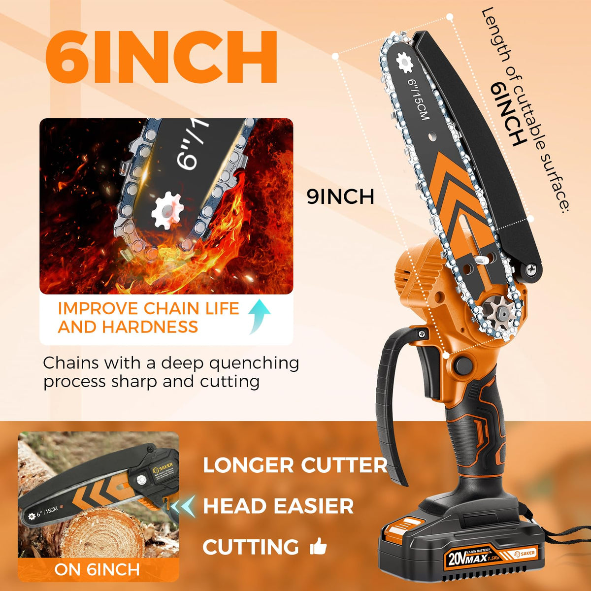 Saker Mini Chainsaw highlights the 9-inch steel plate for larger cuts