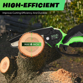 Saker Mini Chainsaw demonstrates long battery life for extended pruning sessions.