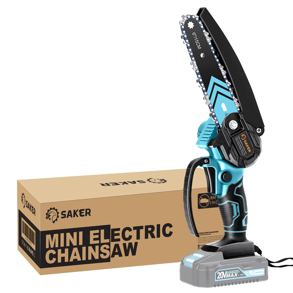 Saker Mini Chainsaw cordless cutting a branch for pruning tasks
