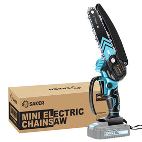 Saker Mini Chainsaw cordless cutting a branch for pruning tasks