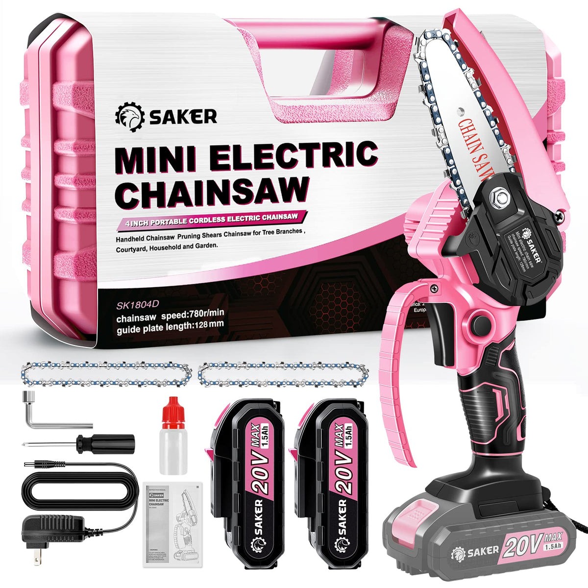 Saker mini chainsaw pink body shows compact design for easy handling