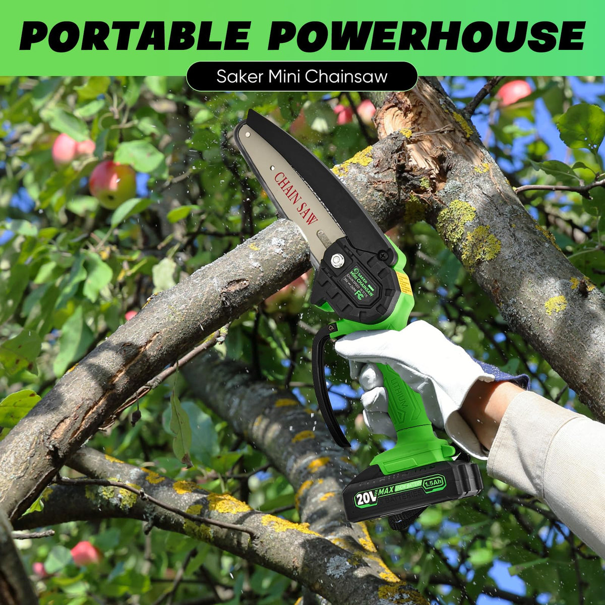 Saker Mini Chainsaw portable handheld tool for DIY projects.