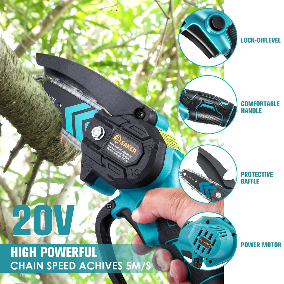 Saker Mini Chainsaw safety lock ensures secure starting and reduces accidental activations