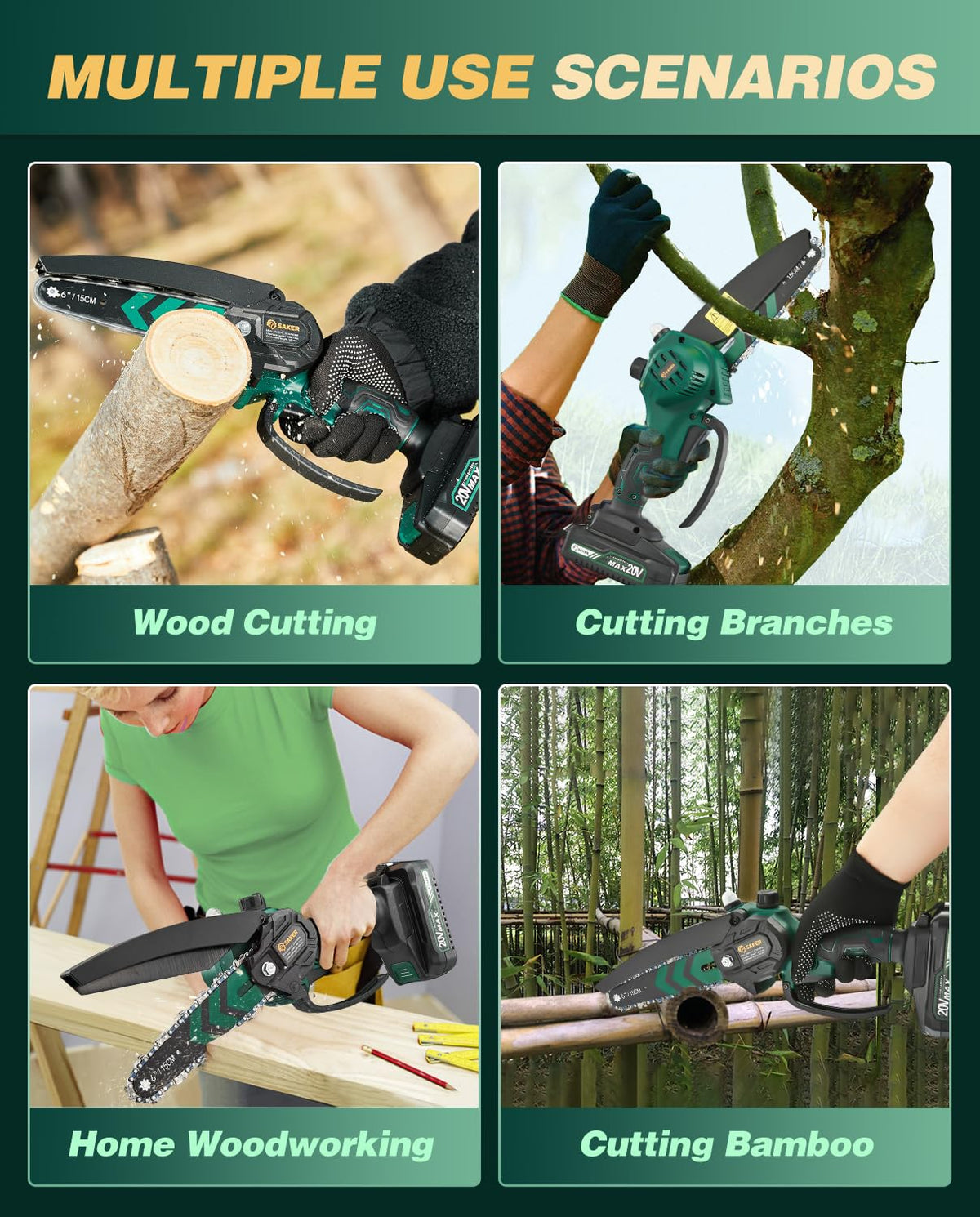 Saker portable cordless design lets you trim trees anywhere.