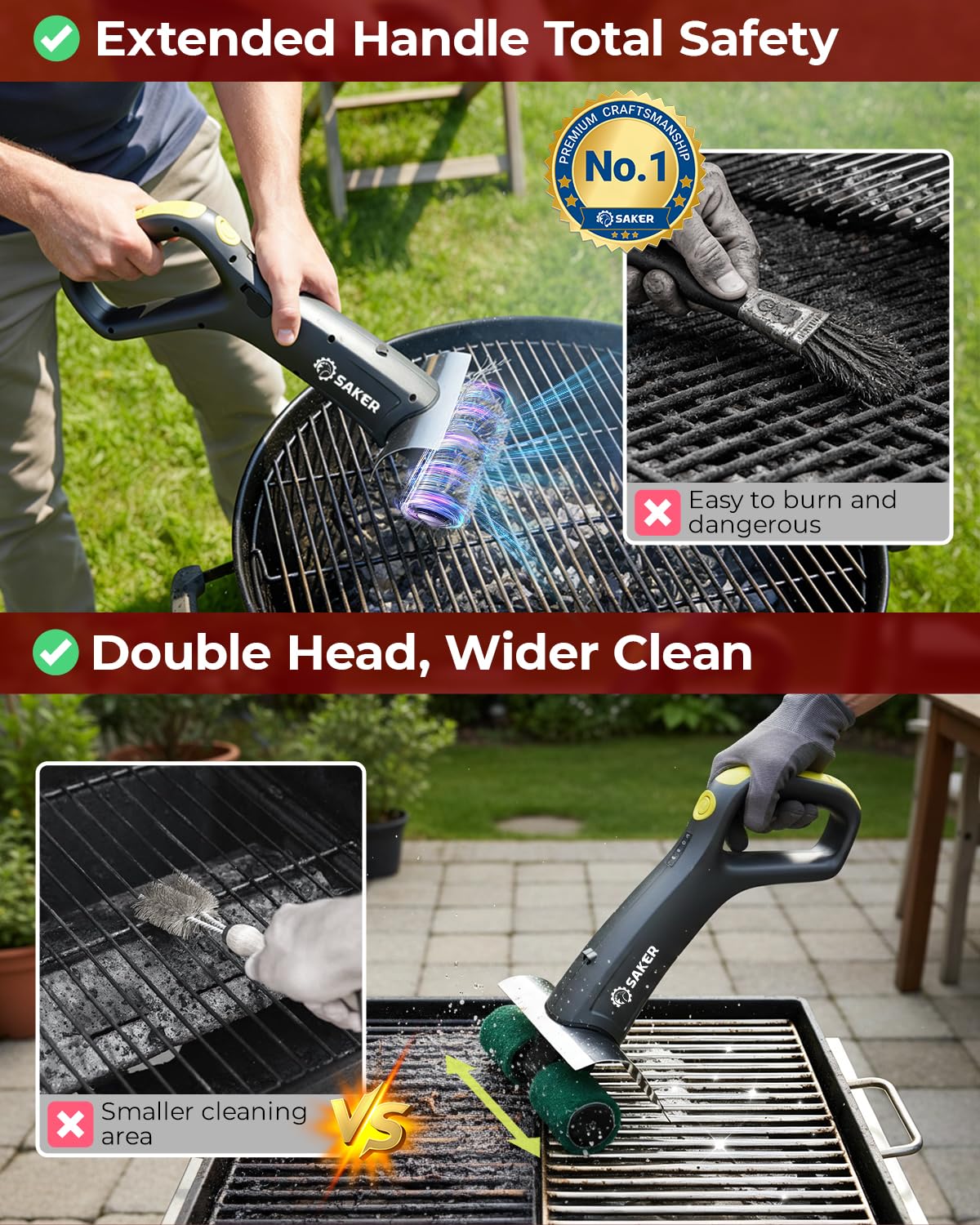 Saker roller brush with tangle-free design for safe, residue-free grill scrubbing.