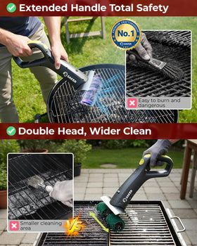 Saker roller brush with tangle-free design for safe, residue-free grill scrubbing.