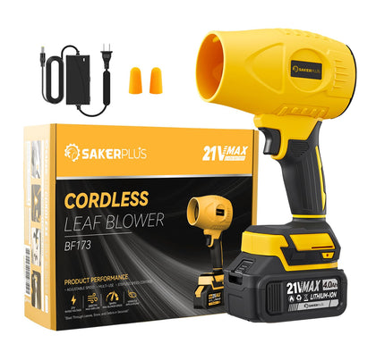 SakerPlus cordless leaf blower front view, compact design for easy storage.