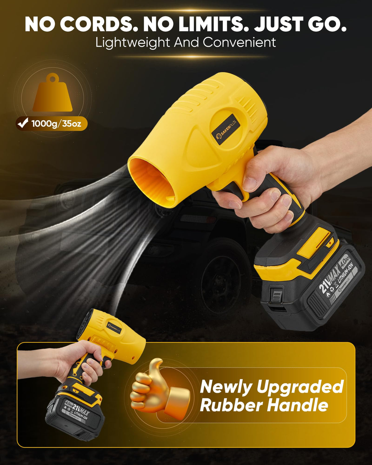 SakerPlus blower with compact design, lightweight for one-handed use.