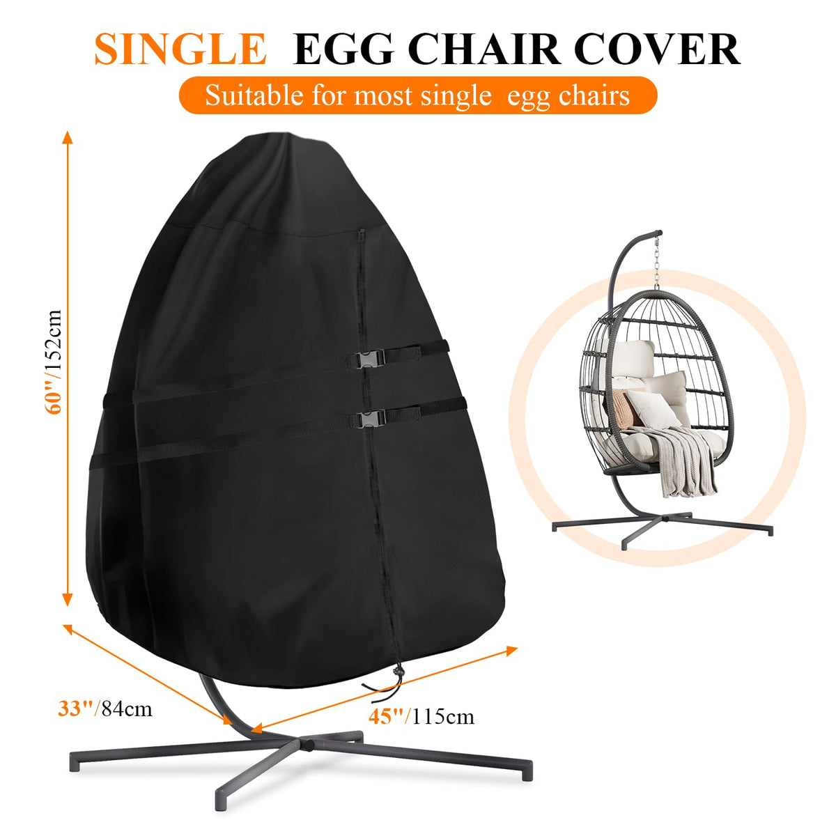 Saking egg chair cover windproof buckles and elastic drawstring secure the chair during storms.