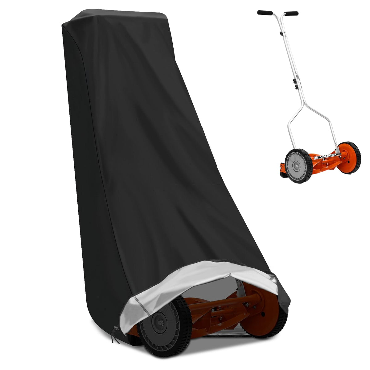 Saking Outdoors lawn mower cover front view showing universal fit and protective coverage.