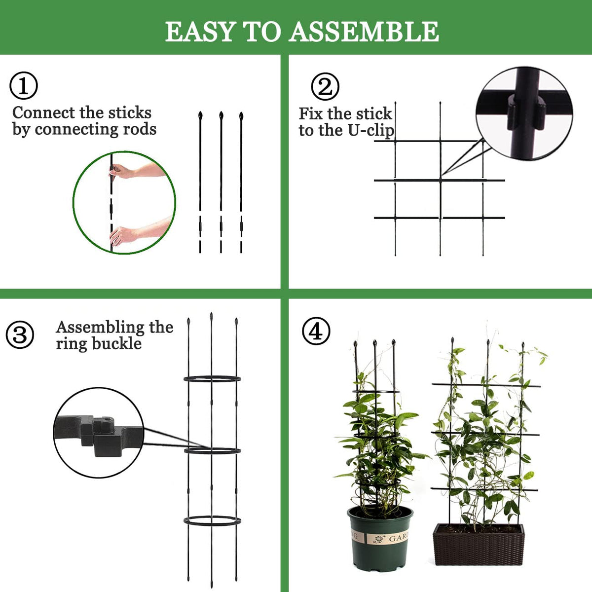 SAKOTE Adjustable-height support rods ease vertical growth for cucumbers and beans.