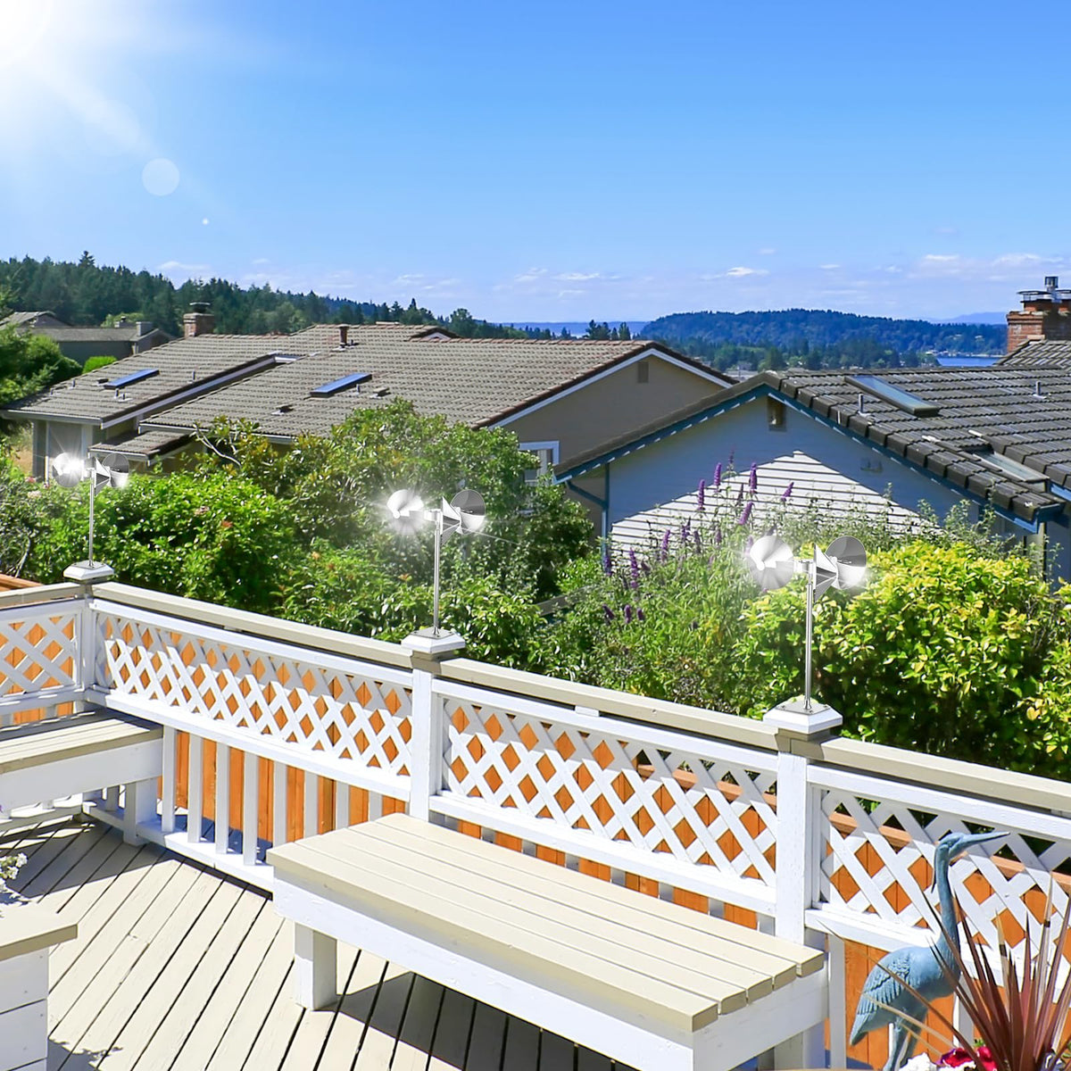 Salcod deterrent mounted on railing provides effective bird deterrence along edges.