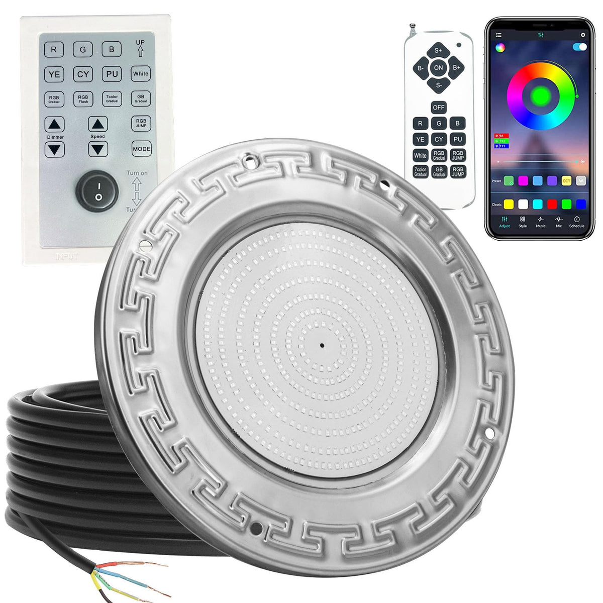 SALIFA 10-inch color-changing pool light in a pool, showcasing vibrant hues.