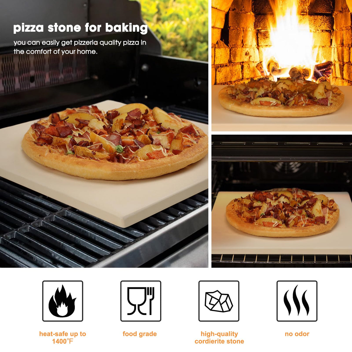 Salomayes square 12x12 pizza stone on a portable grill for even baking.