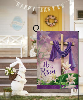 Sambosk He is Risen Easter flag back view, readable from both sides outdoors.